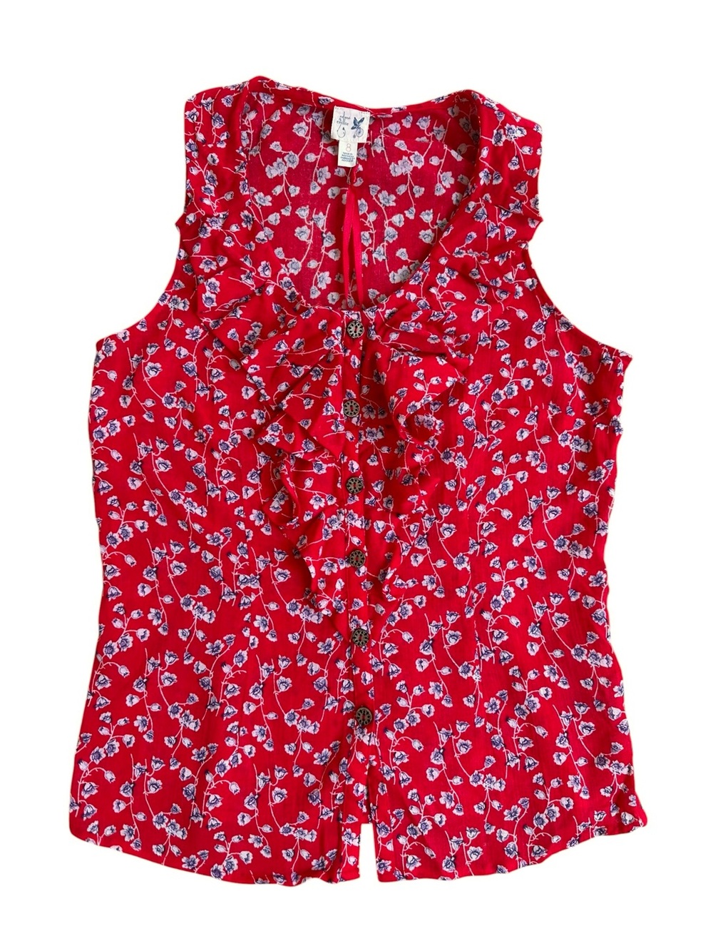 Edme & Esyllte Anthropologie Red Floral Sleeveless Ruffled Button Up Blouse Top
